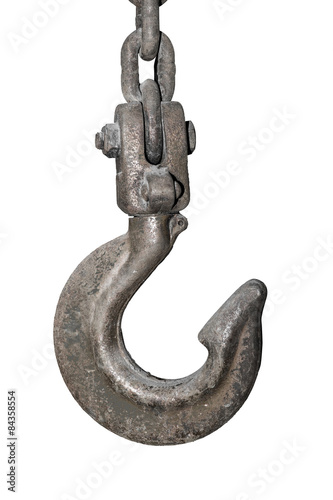 Big metal hook with chain isolated on white background photo