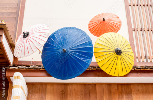 Colorful Japanese umbrella use to decoration infront of shop.