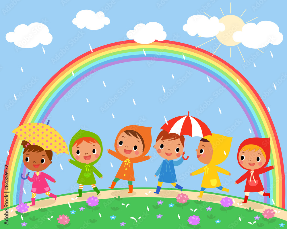 children walk on a rainy day with beautiful rainbow on the sky