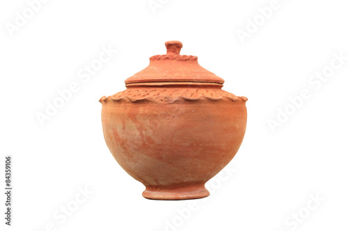Clay pot with lid on white background