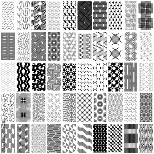 50 black and white geometric seamless pattern set.