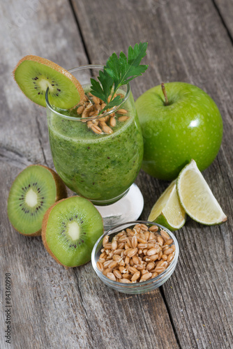 healthy fruit and vegetable smoothie with sprouts, top view
