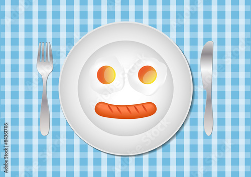 Fried eggs and sausage on plate, food ingredients, vector illust