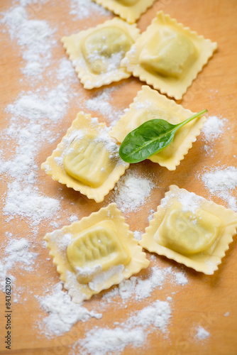 Close-up of raw italian ravioli with ricotta and spinach