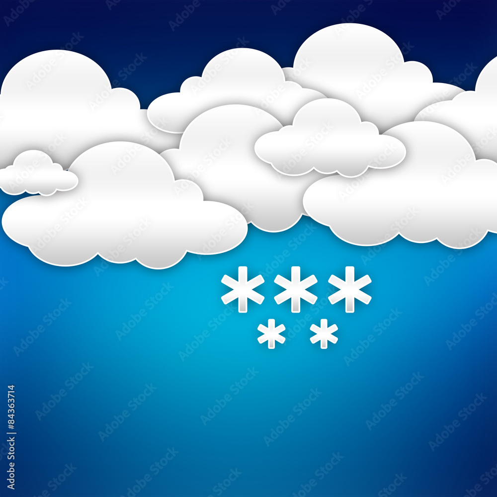 Paper clouds with snowflake over blue Paper clouds with snowflake over blue
