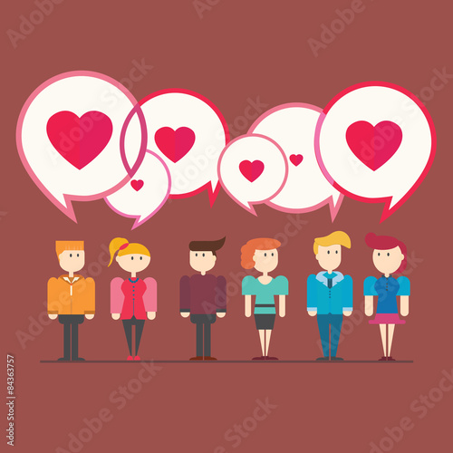 People with love heart speech bubbles and social chat sign.