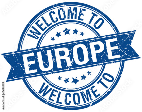 welcome to europe blue round ribbon stamp