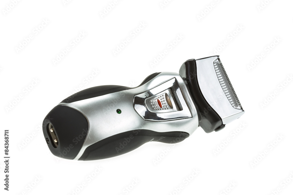 Close up mens black electric shaver isolated on white Close up mens black electric shaver isolated on white