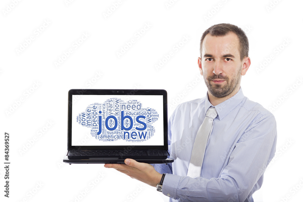 Businessman holding Laptop with Jobs concept Businessman holding Laptop with Jobs concept