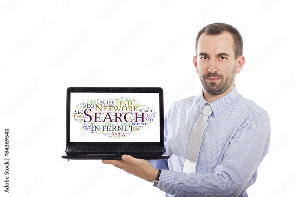 Businessman holding Laptop with Searching concept Businessman holding Laptop with Searching concept