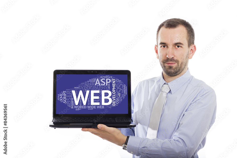 Businessman holding Laptop with Web Development concept Businessman holding Laptop with Web Development concept