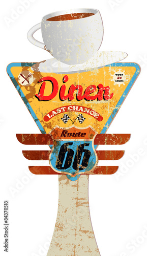 grungy vintage diner sign, route 66 advertising display