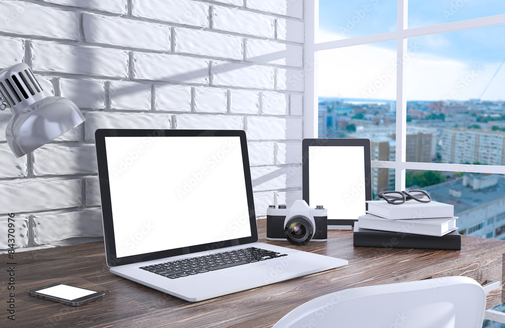 Fototapeta premium 3D illustration laptopand work stuff on table near brick wall