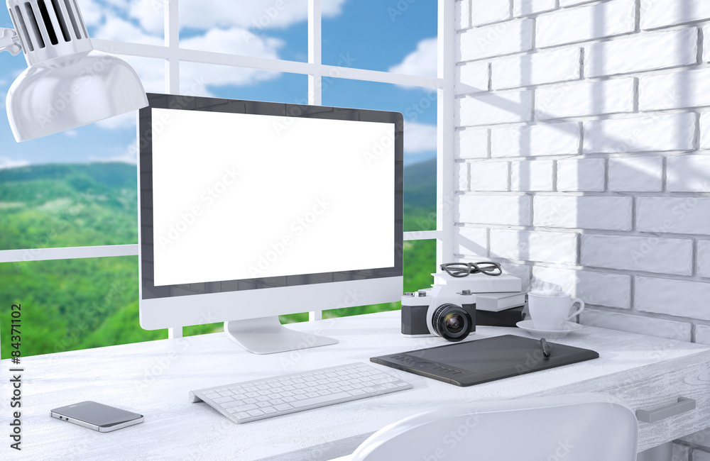 Fototapeta premium 3D illustration PC screen on table in office, Workspace