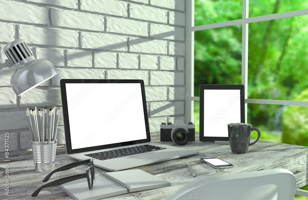 3D illustration laptopand work stuff on table near brick wall