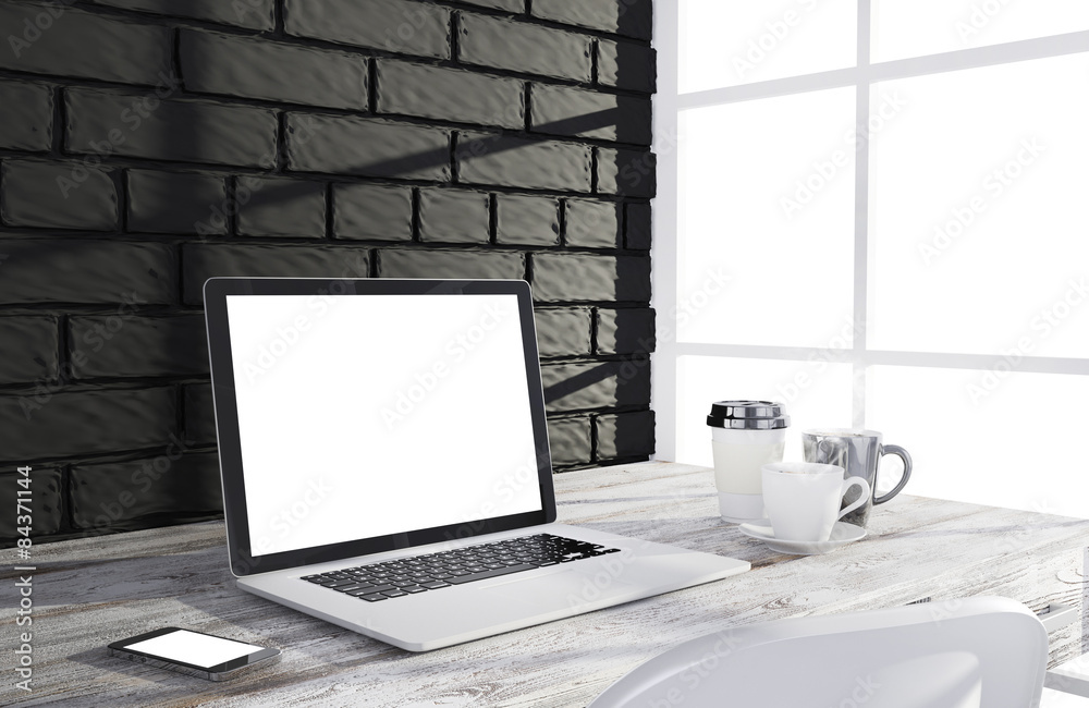 Fototapeta premium 3D illustration laptopand work stuff on table near brick wall