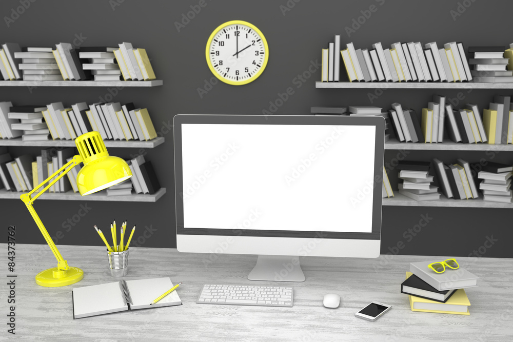 3D illustration PC screen on table in office, Workspace 3D illustration PC screen on table in office, Workspace