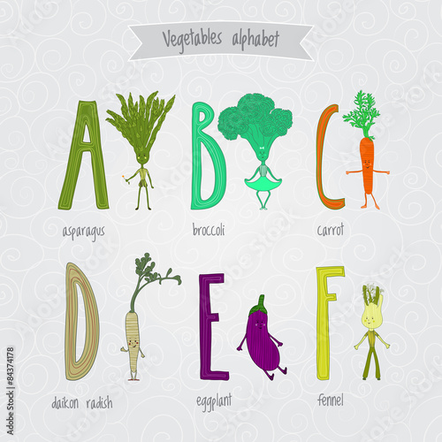 Cute cartoon funny vegetables alphabet in vector