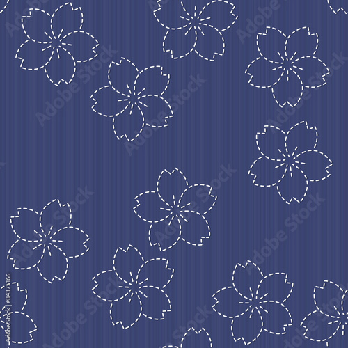 Sashiko motif - blooming cherry flowers. Floral backdrop. 