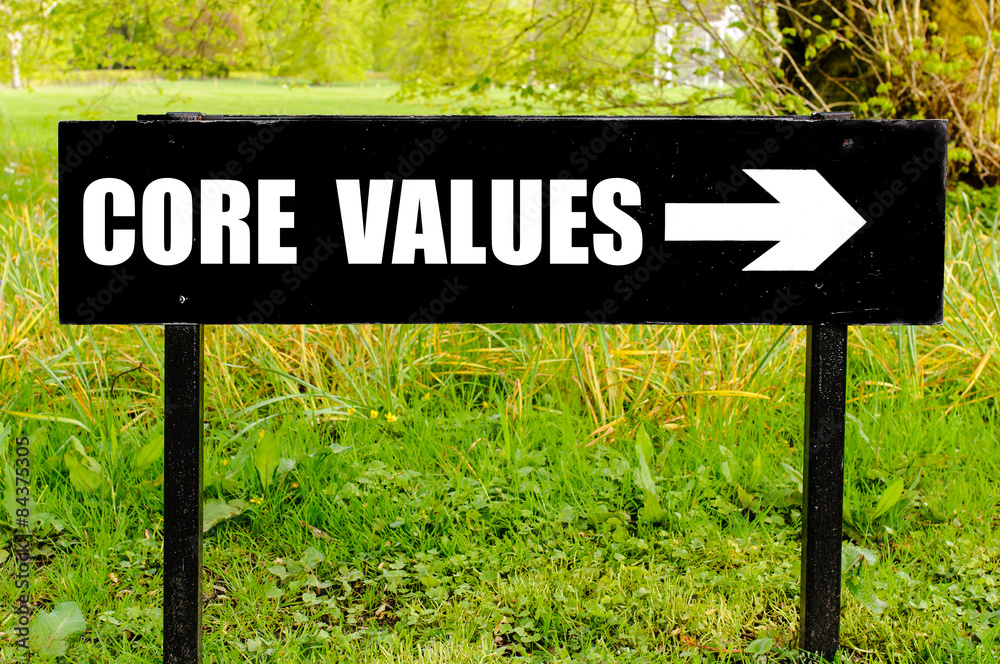 Fototapeta premium CORE VALUES written on directional black metal sign