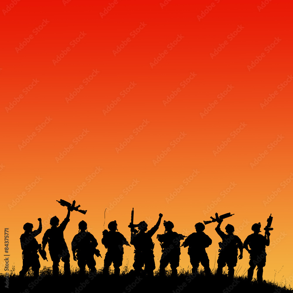Silhouette of military soldiers team or officer with weapons Silhouette of military soldiers team or officer with weapons