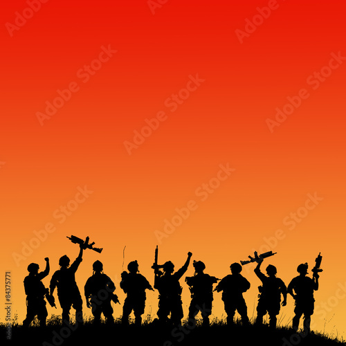 Silhouette of military soldiers team or officer with weapons