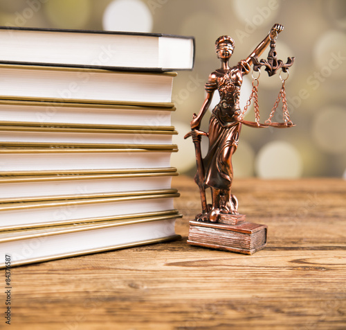 Bilde på lerret Golden scales of justice, books, Statue of Lady Justice