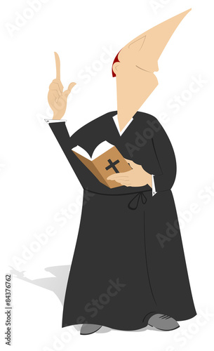 The priest is holding a prayer book and preaching