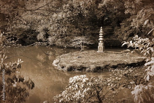 Japanese garden pond - sepia tone