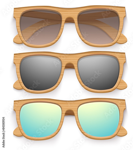 Set of Vintage sunglasses with wooden frame. Retro style.