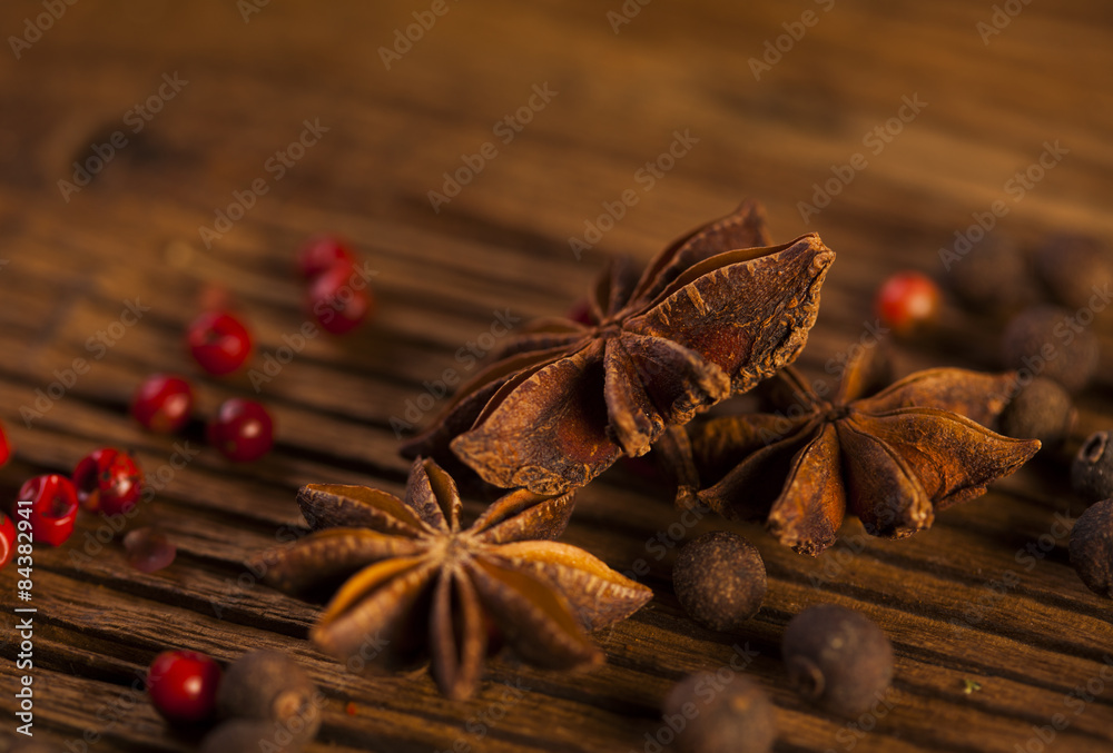Spices and herbs in wooden bowls Spices and herbs in wooden bowls