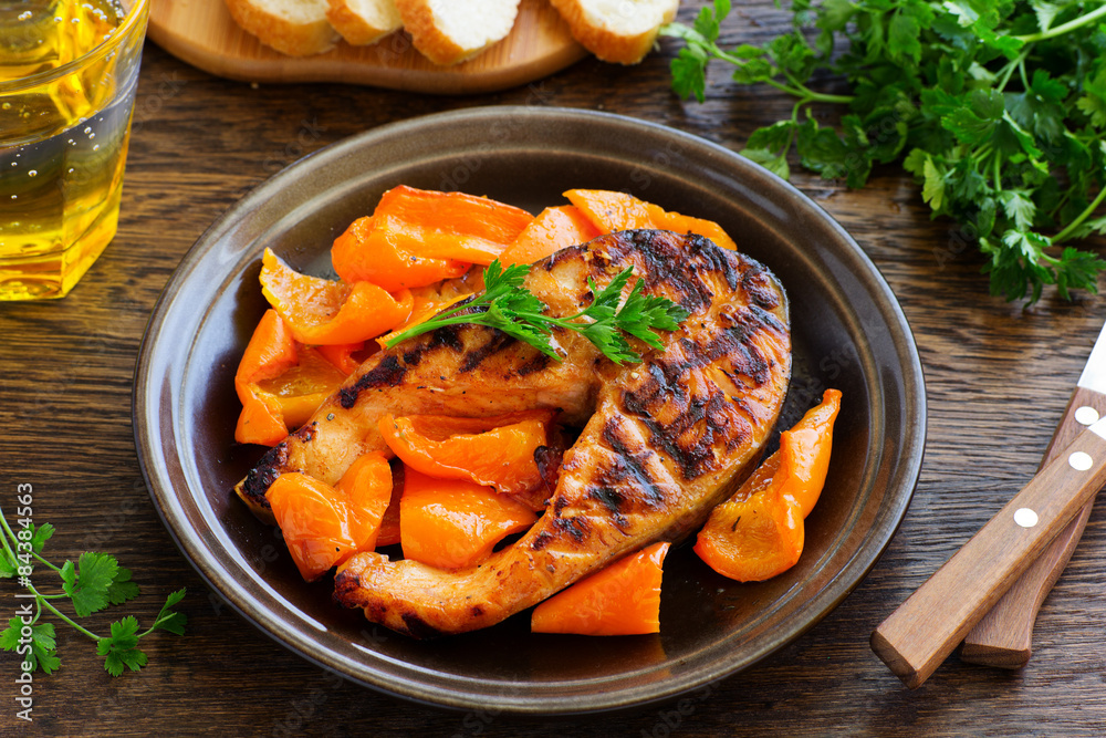 Grilled salmon with soy sauce with vegetables. Grilled salmon with soy sauce with vegetables.