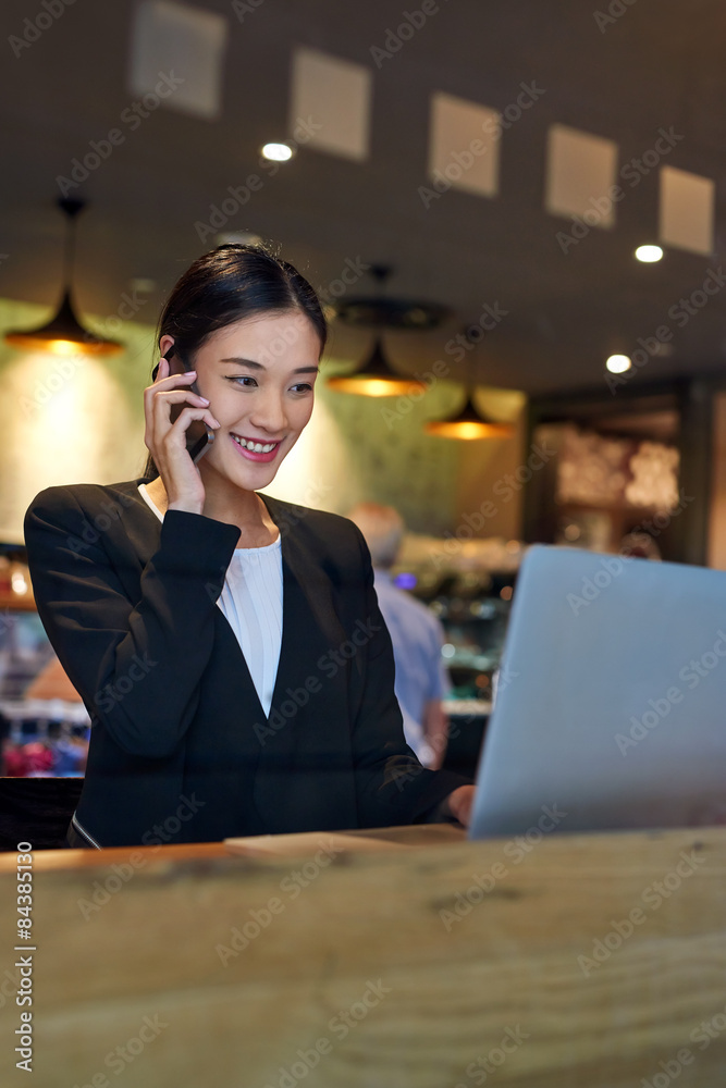 business woman laptop cafe cellphone business woman laptop cafe cellphone