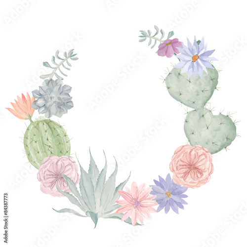 Watercolor flowers and cactus wreath. Floral print