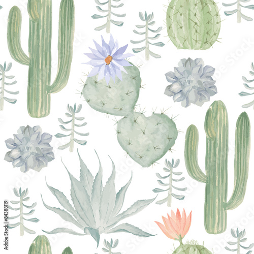 Seamless watercolor pattern of cactus. May be used in the packag photo