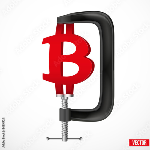 Currency symbol bitcoin being squeezed in a vice