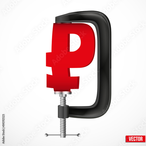 Currency symbol ruble being squeezed in a vice