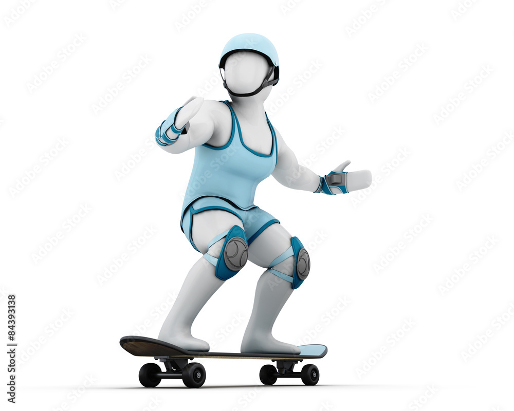 3D white man on a skateboard in riot gear 3D white man on a skateboard in riot gear