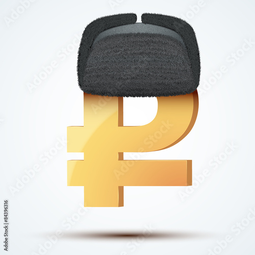 Symbol of the russian ruble in ushanka hat.