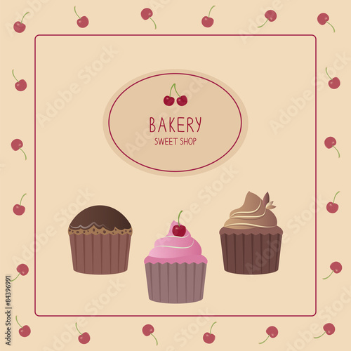 Bakery design template. Cute card with cupcakes.