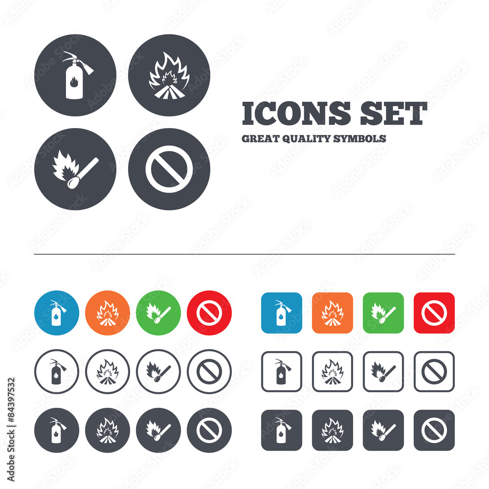 Fire flame icons. Prohibition stop symbol. Fire flame icons. Prohibition stop symbol.