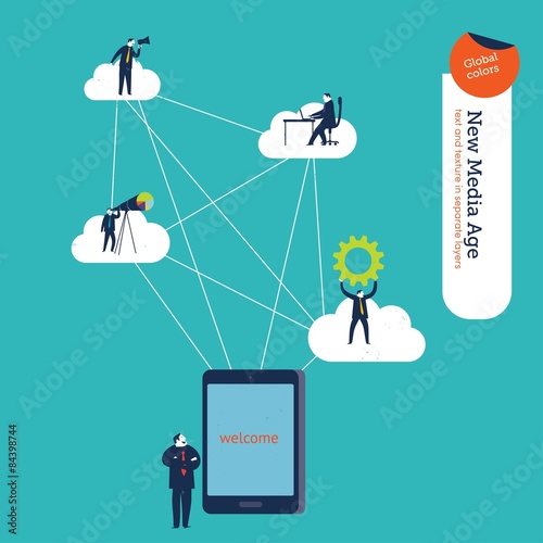 Businessman with tablet connected to different users and clouds.