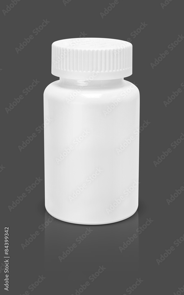 blank white plastic supplement packaging bottle isolated on gray