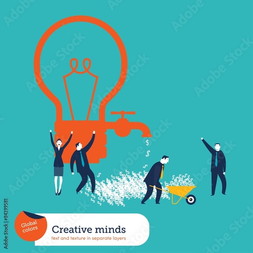 Money coming out of a bulb faucet and businessmen celebrating