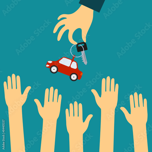 Hand of the seller holds out a key with a tag in the form of car