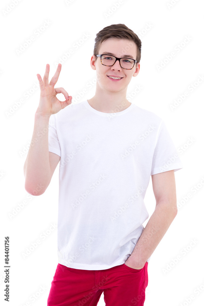 portrait of young man showing ok sign isolated on white portrait of young man showing ok sign isolated on white