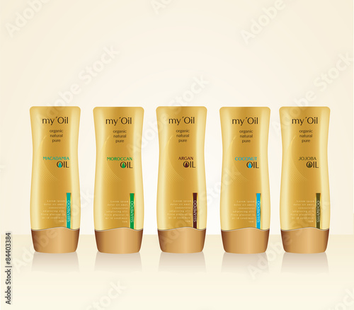 Bottles with sample labels for shower gel or shampoo