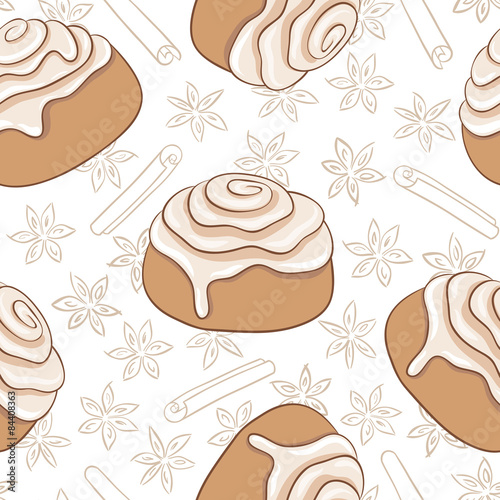 Seamless pattern with cinnamon rolls and spice. Freshly baked sweet pastry