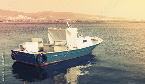 Old wooden pleasure boat anchored in Izmir bay