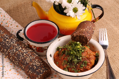 chakhokhbili braised chicken in tomato sauce with onions brown bread with poppy compote juice diet vitamin breakfast lunch dinner health home kitchen organic eco low weight photo
